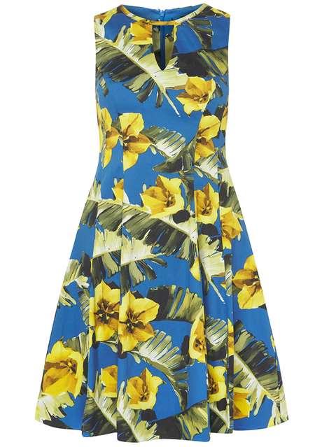 Blue And Yellow Floral Cotton Fit And Flare Dress